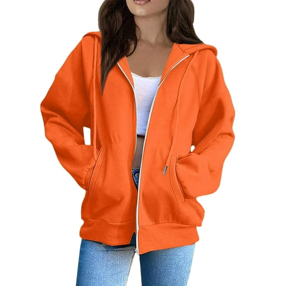 ASDFVBKG Tops for Women Zip Up Hooded Relaxed Fit Casual Fall Winter Sweatshirt with Pocket Drawstring Loose Fit Long Sleeve Hoodie Solid Color 2025 Hooded Jacket Tops Orange L