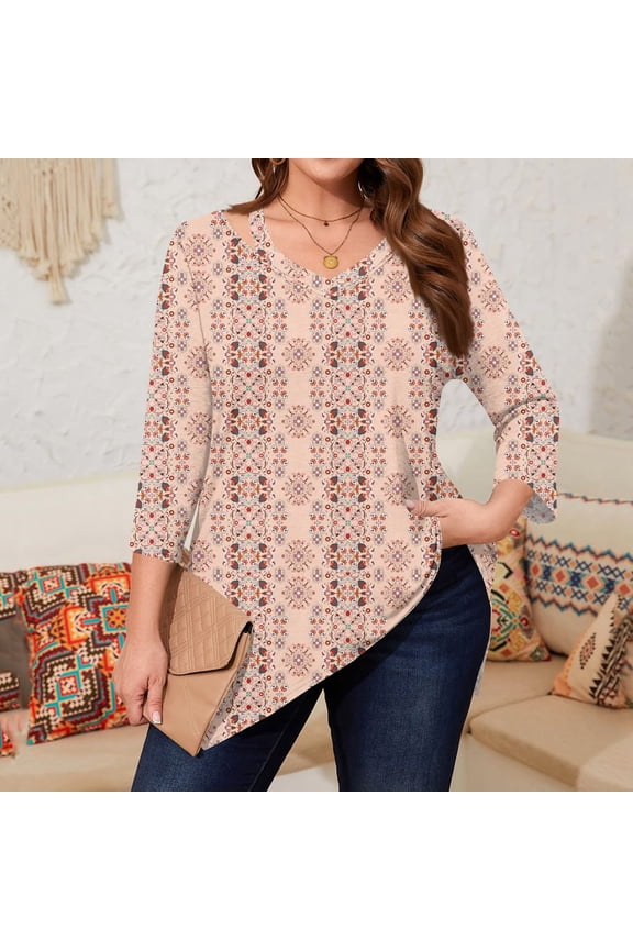 Tunic Tops for Women 3/4 Length Sleeve Casual Plus Size V-Neck Tees Fashion Soft Relaxed Fit Top Floral Loose Fit Clothes Camel 2XL