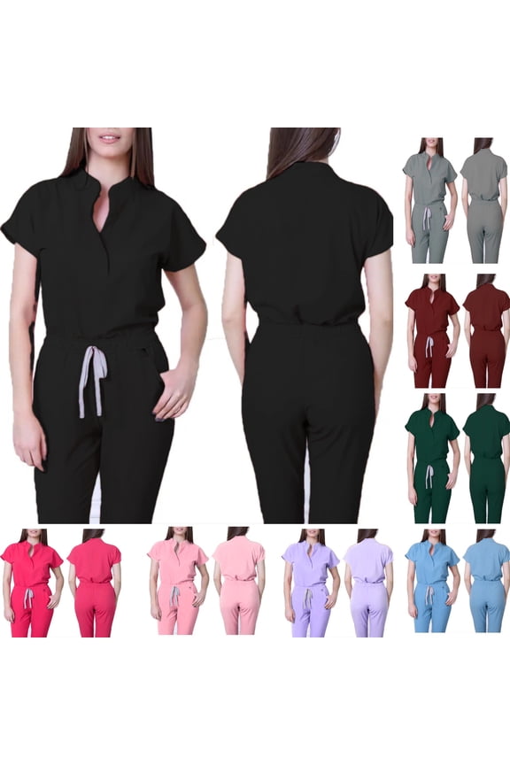 Uniforms Scrubs Set for Women Crew Neck Snap Front Short Sleeve Jogger Suit with Pockets Stretch Top & Pants 2025 Medical Nursing Uniform Casual Workwear Scrub Sets Black M