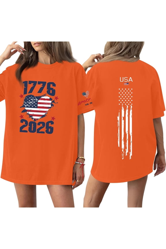 Usa Plus Size Shirt for Women American Heart 1776 Tshirts 4th Of July Flag Usa Graphic Blouse V Neck Tops for Women Orange 4XL