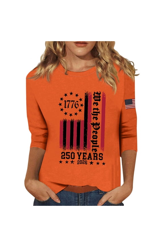 Usa Shirt for Women American Flag 1776 Shirts, 3/4 Lenght Sleeve Summer Usa Graphic Blouse Crewneck Tops for Women Orange XL