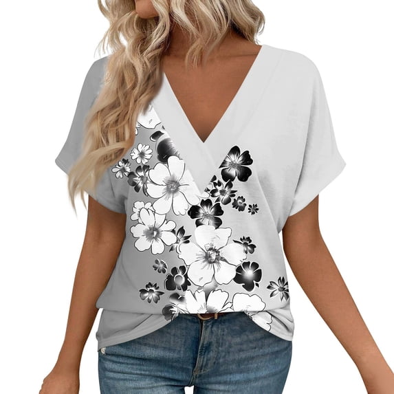 ASDFVBKG V-Neck Shirt for Women Cozy Short Sleeve Blouse Dressy Solid Relaxed Fit Loose Fit Clothing Gray M