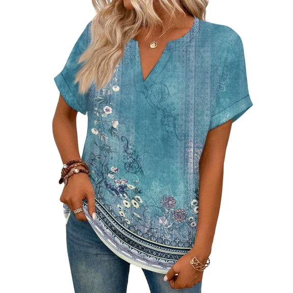 ASDFVBKG V-Neck Shirt for Women Soft Short Sleeve Tee Tops Trendy Floral Print Vacation Loose Clothing Cyan XXL