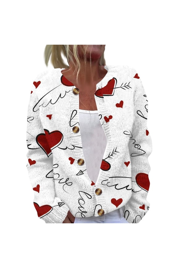 Valentine's Day Heart Sweater for Women Button Down Ribbed Knit Open Front Valentines Sweater Women Red S