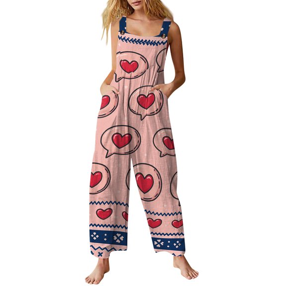 ASDFVBKG Valentine's Day Jumpsuit for Women Dressy One Piece Button Jumpsuits with Pocket Wide Leg Onesie Heart Graphic Relaxed Fit Overalls Loose Fit Outfits Watermelon Red XL
