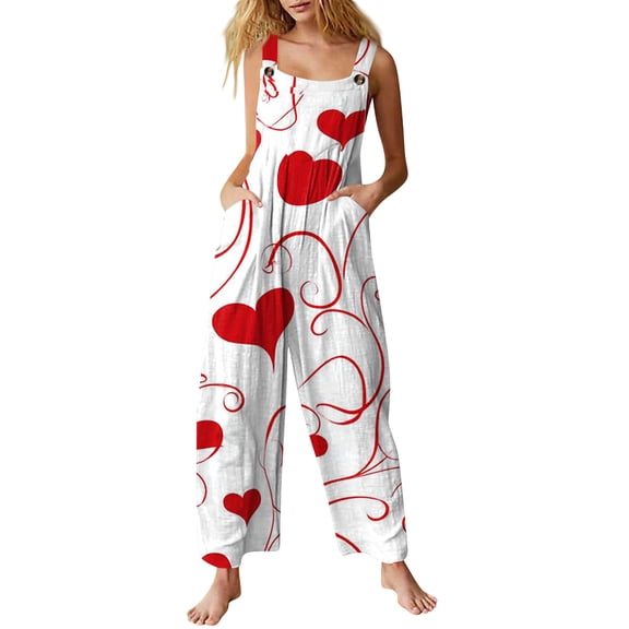 ASDFVBKG Valentine's Day Jumpsuit Women Fashion One Piece Button Jumpsuits with Pocket Wide Leg Onesie Heart Graphic Lounge Overalls Loose Fit Clothing Red L