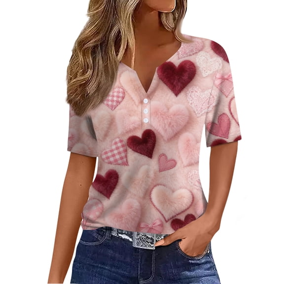 ASDFVBKG Valentine's Day Tops for Women Short-Sleeve Blouses Work Henley Neck Tops Dressy Spring Valentine's Day Print Shirts Pink S