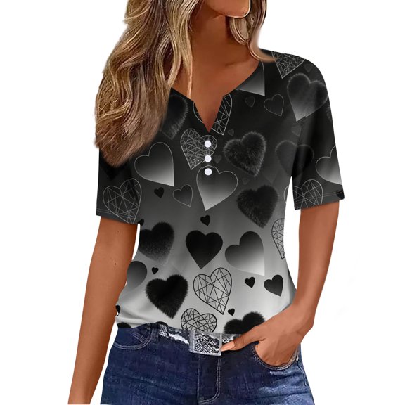ASDFVBKG Valentine's Day Tops for Women Short Sleeve T-Shirt Work V Neck Shirts Dressy Casual Spring Heart Graphic Shirts Black XL
