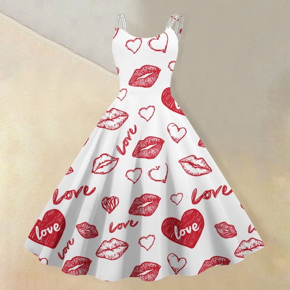 ASDFVBKG Valentines Day Dress for Womens Crew Neck Strap Sleeveless A-Line Valentine's Day Gift Dress Cute Heart Print Flowy Mesh Fashion Comfortable Cocktail Party Dresses Watermelon Red XL