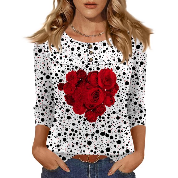 ASDFVBKG Valentines Day Graphics Tees 3/4 Sleeve Crew Neck Heart Graphics Casual Tee Holiday Matching Tops White M