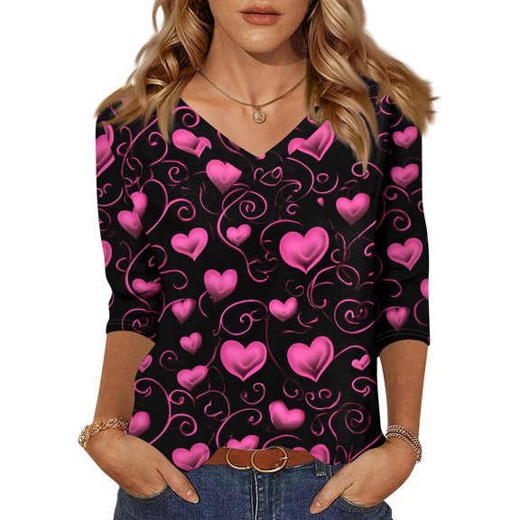 ASDFVBKG Valentines Shirts for Women Love Heart Printed Graphic T-Shirt 3/4 Sleeve V Neck Holiday Valentine Gift Tee Tops Black M