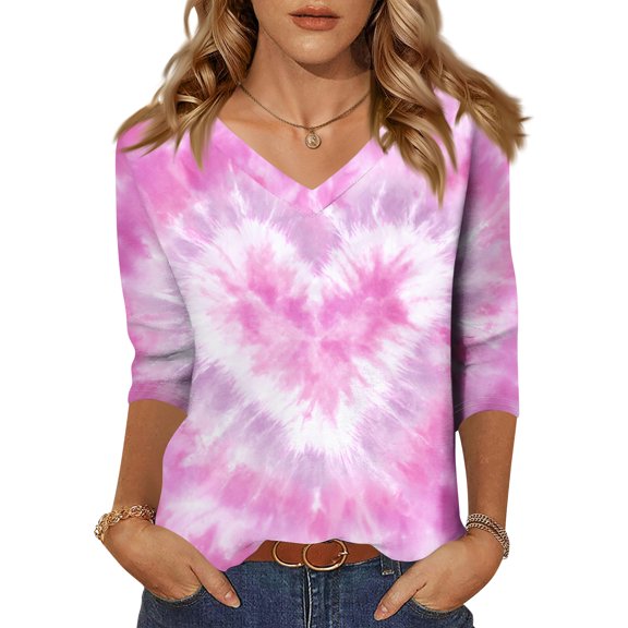 ASDFVBKG Valentines Shirts for Women Love Heart Printed Graphic T-Shirt 3/4 Sleeve V Neck Holiday Valentine Gift Tee Tops Pink 2XL