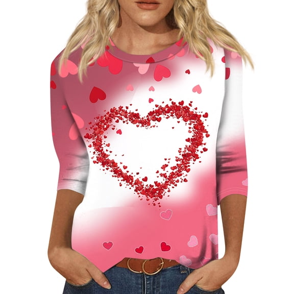 ASDFVBKG Valentines Shirts for Women Plus Size Cute 3/4 Sleeve Funny Graphic Tee Shirt Heart Shaped Fashion Casual Clothes Tops Pink L