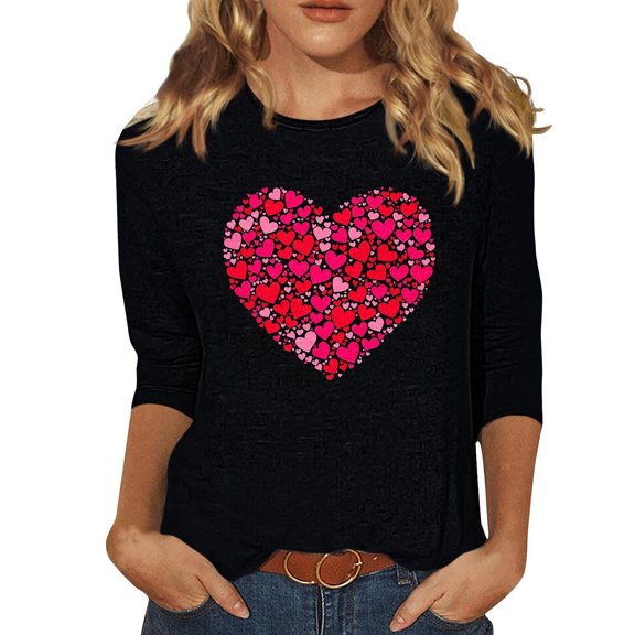 ASDFVBKG Valentines Shirts for Women Trendy 2026 Cute Love Heart Print Tunic Tops Plus Size Casual Summer 3/4 Sleeve Blouses Blue L
