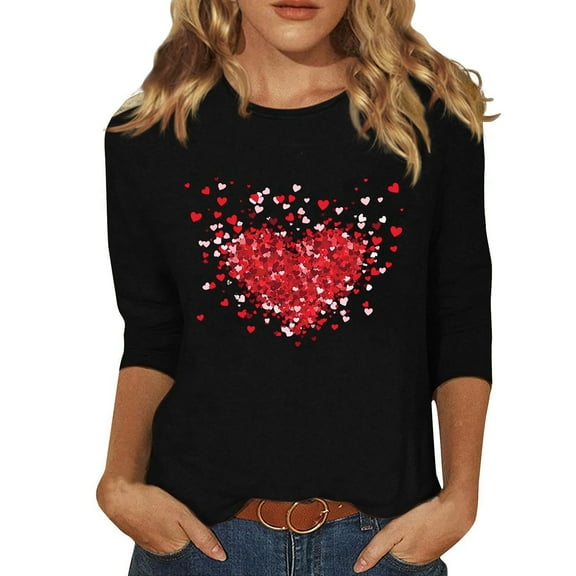 ASDFVBKG Valentines Shirts for Women Trendy 2026 Cute Love Heart Print Tunic Tops Plus Size Casual Summer 3/4 Sleeve Blouses Red L