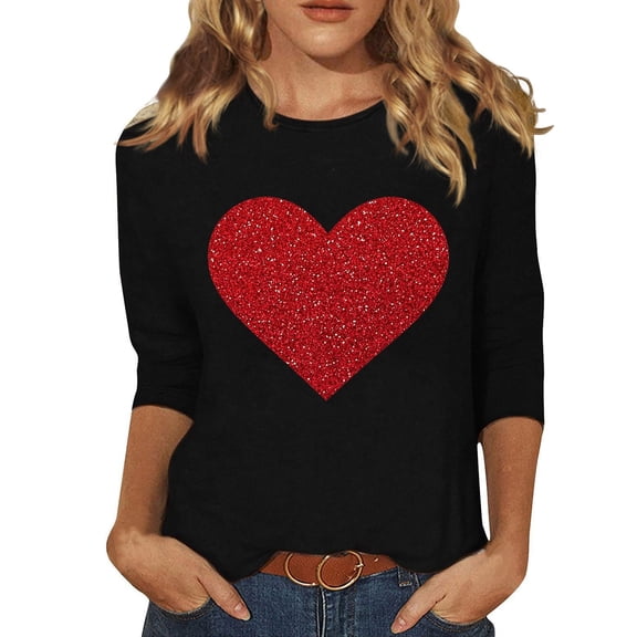ASDFVBKG Valentines Shirts for Women Trendy 2026 Cute Love Heart Print Tunic Tops Plus Size Casual Summer 3/4 Sleeve Blouses Red S