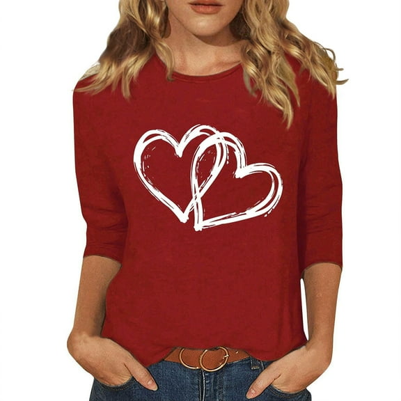 ASDFVBKG Valentines Shirts for Women Trendy 2026 Cute Love Heart Print Tunic Tops Plus Size Casual Summer 3/4 Sleeve Blouses Wine S