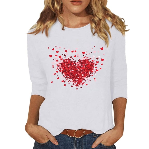 ASDFVBKG Valentines T Shirts for Women Funny Double Heart Graphic Wife T Shirts Girlfriend Tees 3/4 Sleeve Sweet Couple Tops White M