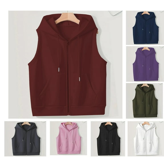 ASDFVBKG Vest with Hood for Women Plus size Lightweight Hooded Sleeveless Hoodies Vests with Pockets Casual Zipper Drawstring Dressy Sweatshirt 2025 Winter Warm Vest Jacket Wine 2XL