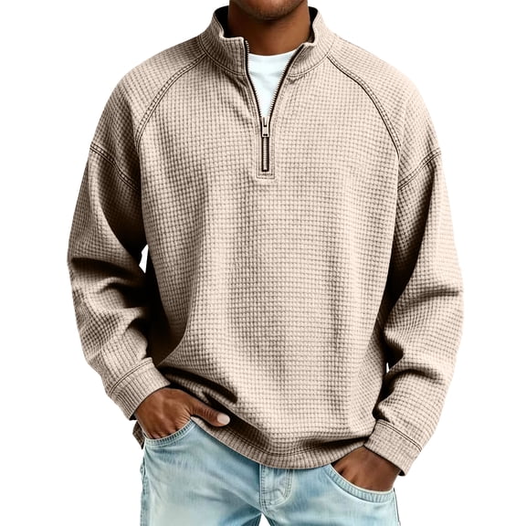 ASDFVBKG Waffle Sweatshirt for Men Quarter Zip Soft Long Sleeve Collared Vintage Pullover Dressy Relaxed Fit Loose Fit Pullover Khaki 4XL