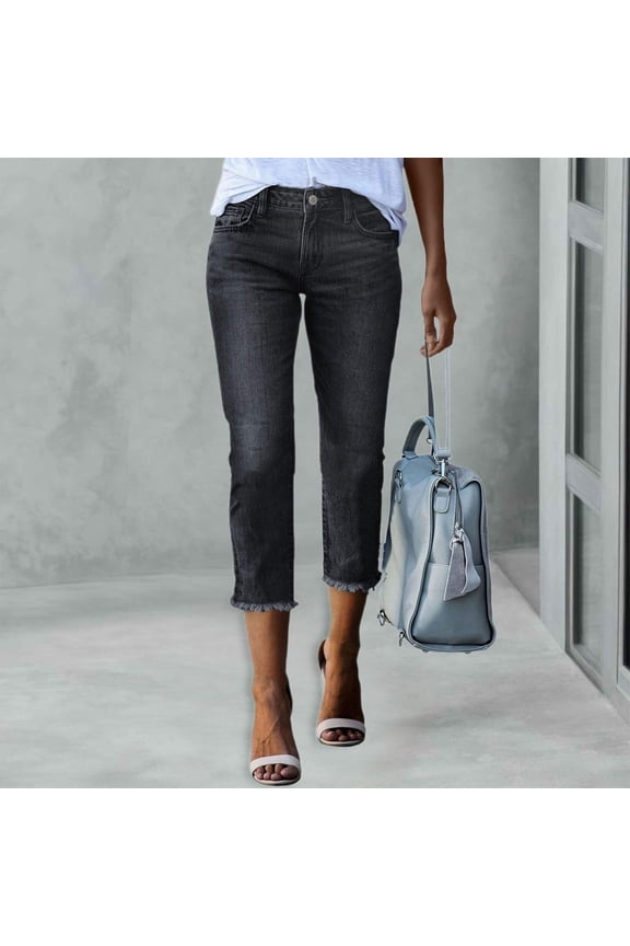 Wide Leg Flare Jeans for Women, Cropped Fashion Capri Jeans Stretch Denim Pull on Raw Hem Summer Denim Trouser Black S