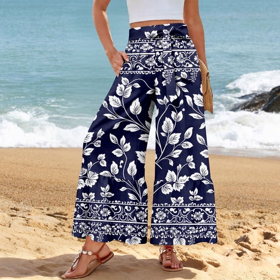 ASDFVBKG Wide Leg Palazzo Pants for Women Summer High Waist Flowy Casual Trousers Lounge Pants Beach Vacation Travel Outfits Navy M