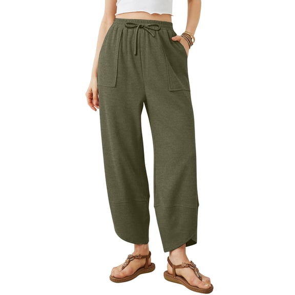 ASDFVBKG Wide Leg Pants Woman Comfy Harem Y2k Capri Trousers Elastic Waisted Lounge Drawstring Baggy Pants with Pockets Green L