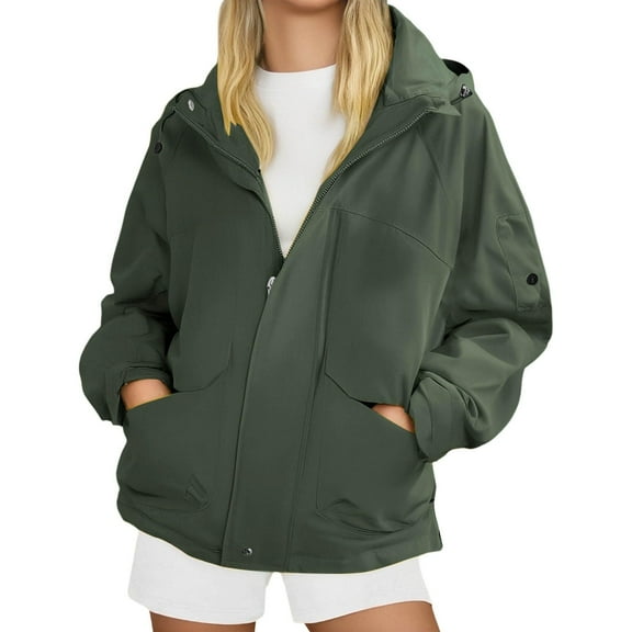 ASDFVBKG Wind Breaker Jackets Womens Lined Waterproof Lightweight Zipper Outdoor Jackets Hooded Solid Color Dressy 2025 Hoodie Insulated Windbreaker Water Coat Pockets Army Green S