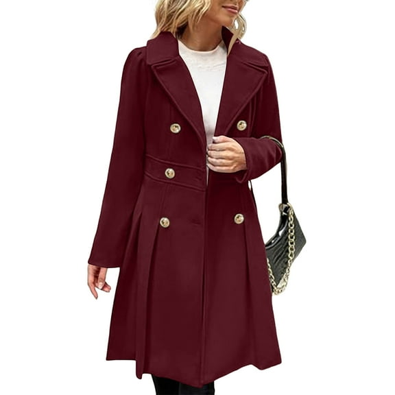 ASDFVBKG Winter Coats for Women 2025 Insulated Long Sleeve Notch Lapel Wool Blend Double Breasted Trench Coat Mid Length Comfortable Fashion a Line Overcoat Solid Color Pockets Dress Jacket Wine L