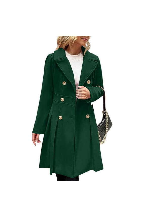 Winter Coats for Women 2025 Warm Long Sleeve Notch Lapel Wool Blend Double Breasted Trench Coat Mid Length Comfortable Trendy a Line Overcoat Solid with Pocket Jacket Green XL