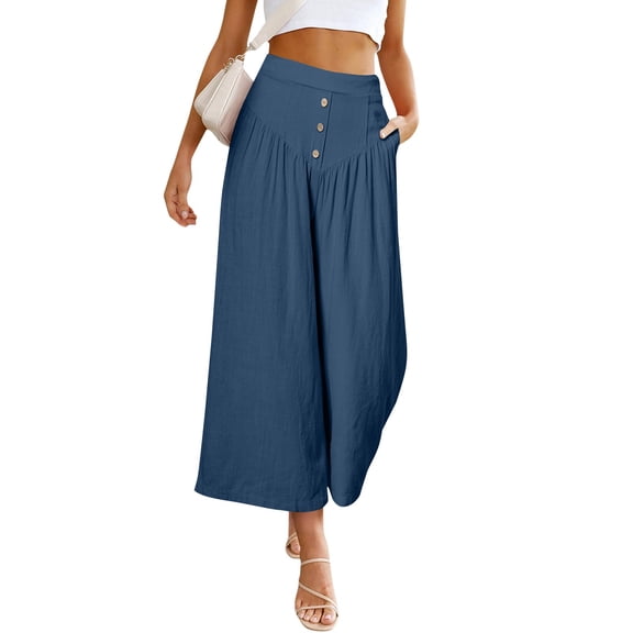 ASDFVBKG Women Cotton Linen Pants Culottes Cozy Wide Leg Drawstring Waist Dressy Palazzo Pants Lounge Loose Summer Trousers with Pockets Navy XL