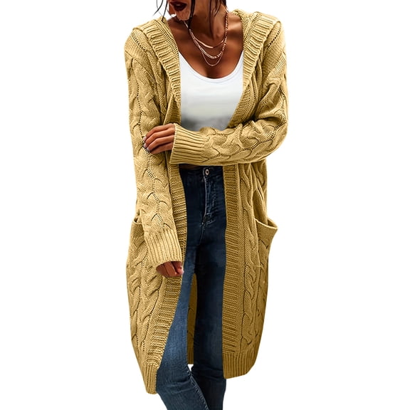 ASDFVBKG Women Fall Hooded Open Front Sweater Cardigan Long Sleeve Oversized Soft Casual Sweater Pockets Fall Winter Loose Fit Solid Lightweight Dressy Fashion Clothes Yellow XL