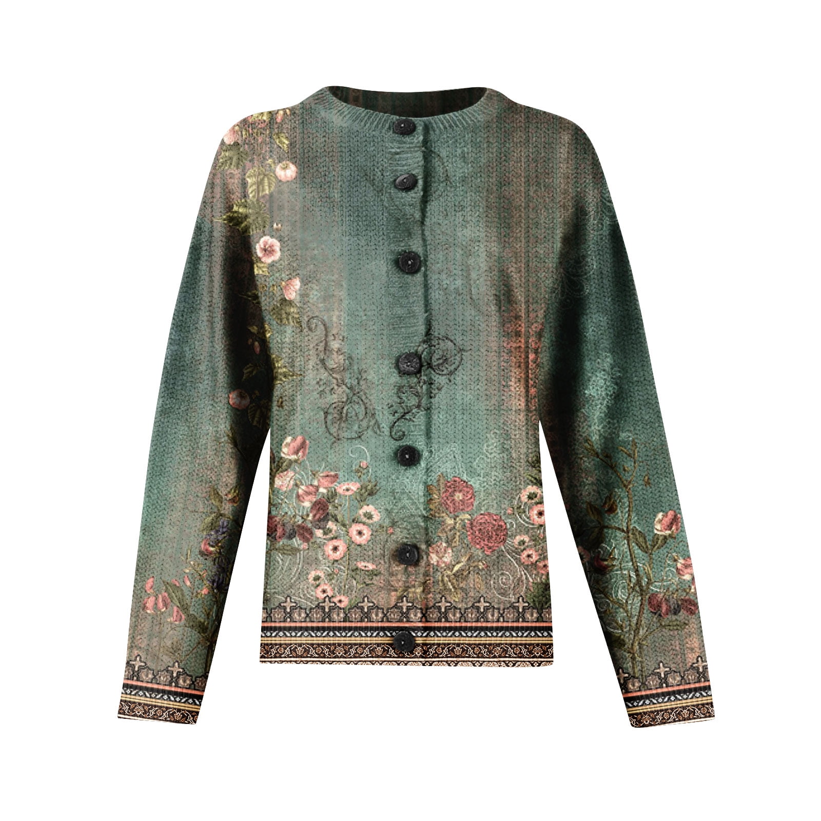 Women's Floral Jacquard Knit Cardigan Long Sleeve Button