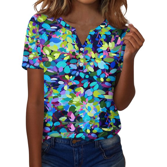 ASDFVBKG Women Floral Print Tees Spring Valentine Crew Neck Blouses casual short Length Sleeve Outfits Blue 3XL