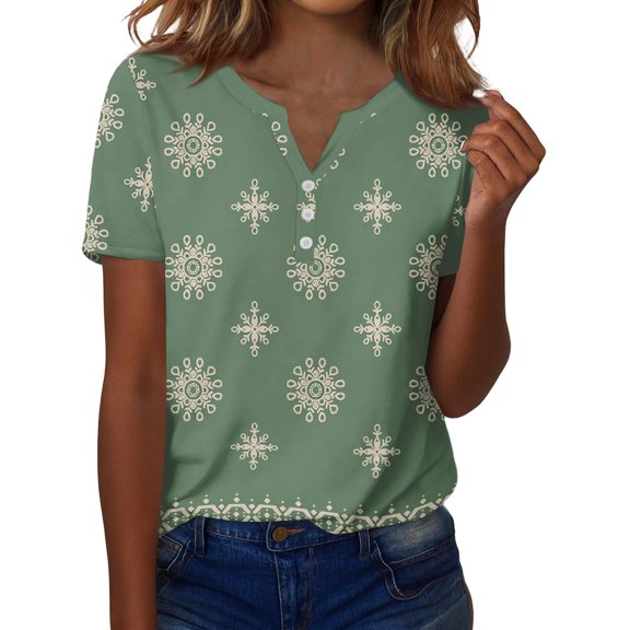 ASDFVBKG Women Floral Printed Graphic Shirts Summer short Sleeve Blouse casual Crew Neck Valentines Day Outfit Green M