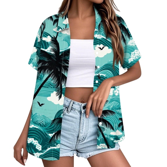 ASDFVBKG Women Hawaiian Shirt Soft Cool Summer Hawaii Shirts Floral Tropic Print V Neck T-Shirt Short Sleeve Button Up Tops Green L