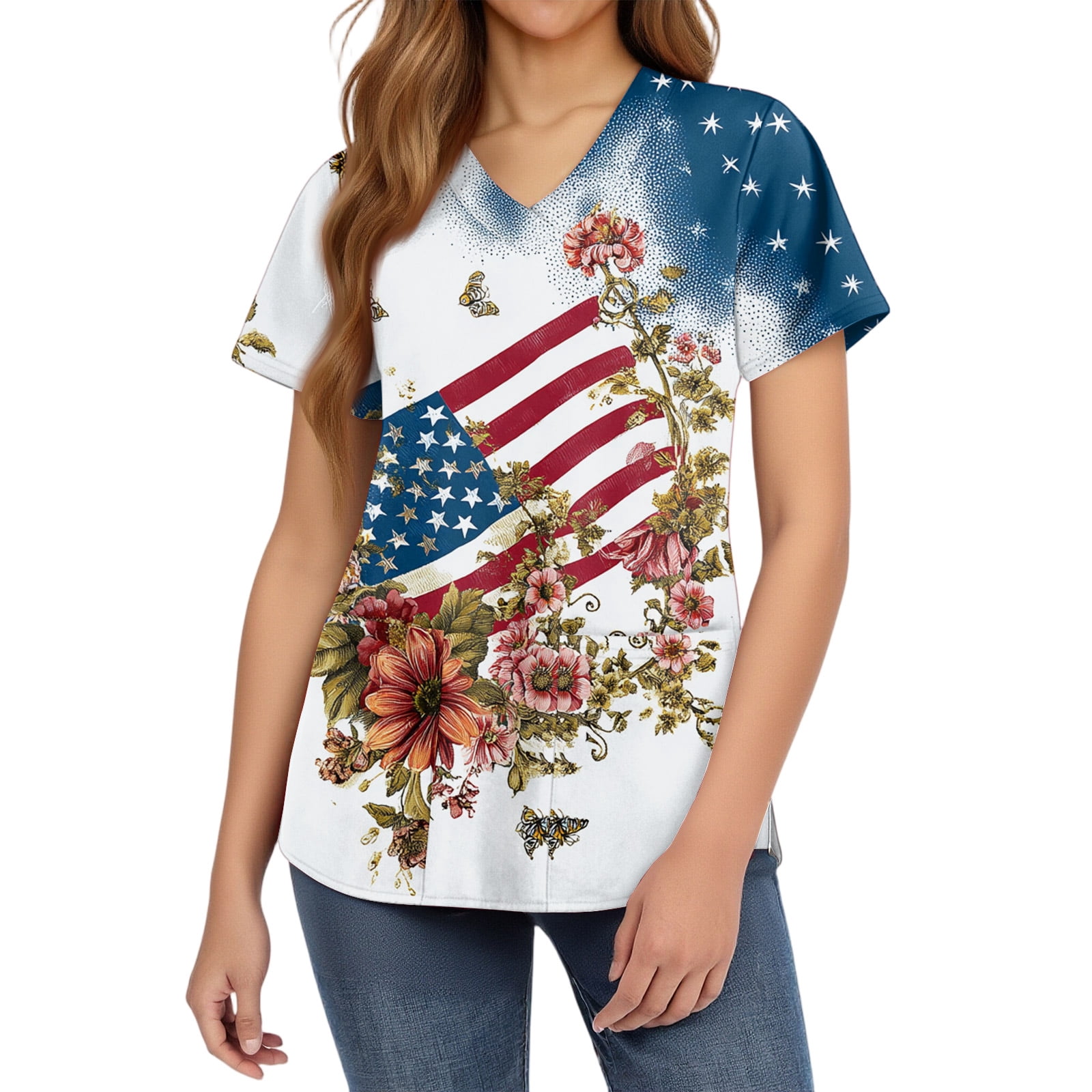 ASDFVBKG Women Independence Day Scrubs Top Plus Size Short Sleeve V ...