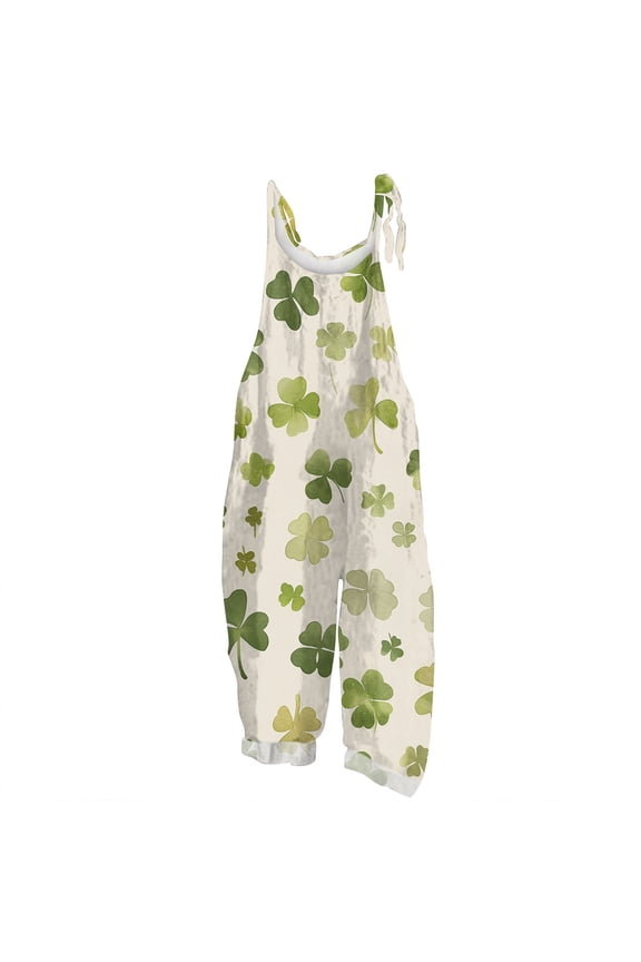 Women Overalls Dressy Loose Fit Bibs Vintage Floral Printed Outfits with Pockets Elastic Overall Green 2XL