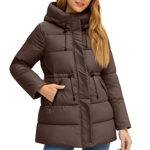 ASDFVBKG Women' S Mid-length Quilted Puffer Jacket Hooded Cotton Long Sleeve Insulated Womens Collar Drawstring Zipper Coats Soft Loose Fit Dressy Solid Winter Overcoat Pockets Coffee S