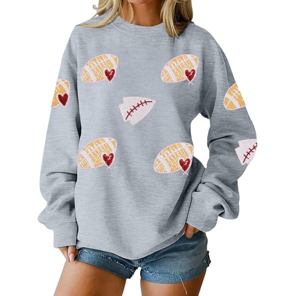 ASDFVBKG Women Sequin Football Sweatshirt Loose Rugby Graphic Long Sleeve Crewneck Sweatshirt Game Day Trendy Casual Top Fall Oversized Pullover Shirt Gray M