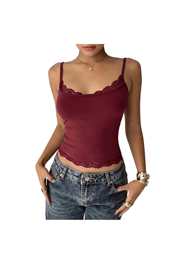 Women Sleeveless Floral Lace Patchwork Crop Cami Tops Spaghetti Straps Y2K Aesthetic Slim Fit Scoop Neck Summer Tank Red 2XL