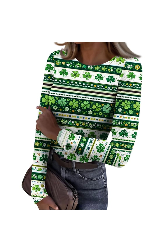 Women St Patrick's Day Shirts: Y2k Crew Neck Basic Long Sleeve Rib Fitted Tops Ribbed Knit Lucky Shamrock Comfortable Tees Green M