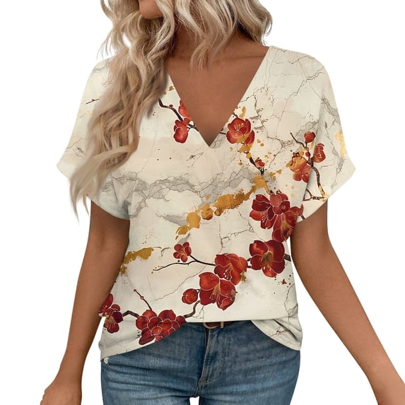 ASDFVBKG Women Summer Tops Comfortable Short Sleeve V-Neck Shirts Fashion Solid Relaxed Fit Loose Fit Outfits Red XL