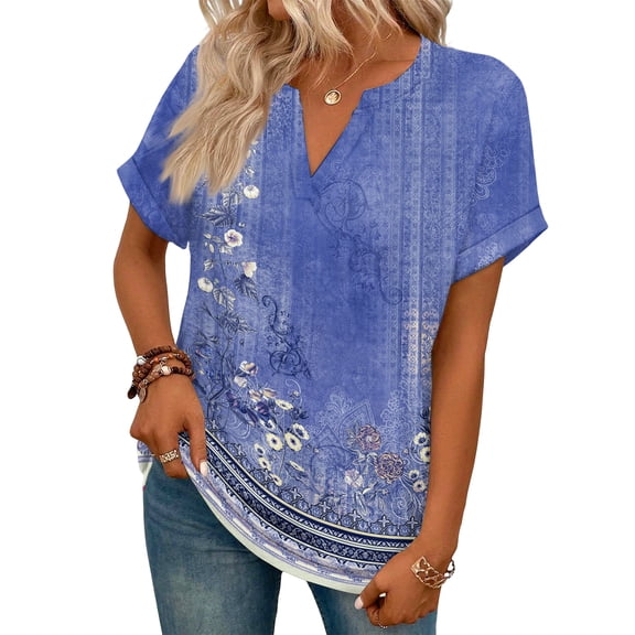ASDFVBKG Women Summer Tops Comfy Short Sleeve V-Neck Tee Tops Trendy Floral Print Casual Loose Fit Clothing Dark Purple XXL