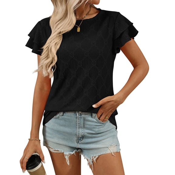 ASDFVBKG Women Summer Tops Cozy Short Sleeve Eyelet Crewneck Blouses Trendy Solid Vacation Loose Fit Outfits Black M