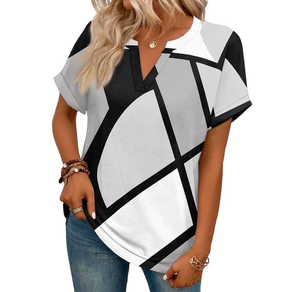 ASDFVBKG Women Summer Tops Cozy Short Sleeve V Neck Shirts Fashion Floral Print Casual Loose Outfits Black S