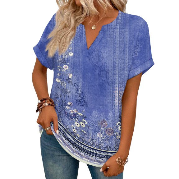 ASDFVBKG Women Summer Tops Cozy Short Sleeve V Neck Tee Tops Dressy Floral Print Vacation Loose Outfits Clothes Dark Purple S