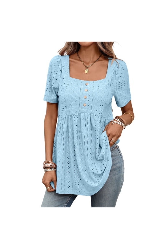 Women Tunic Tops U Neck Dressy Casual Summer Puff Sleeve Babydoll Shirts Floral Loose Fit Pleated Boho Top Blue S