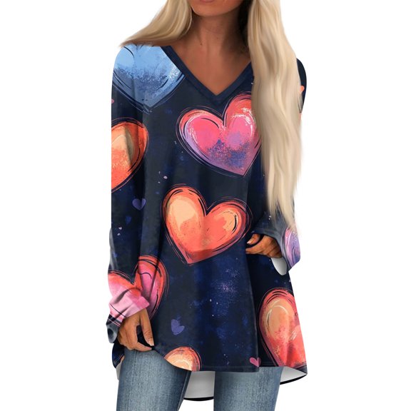 ASDFVBKG Women Valentine's Day Blouses Long Sleeve Outfit Fashion Crew Neck Blouses Dressy Casual Spring Heart Graphic Outfit Dark Blue M