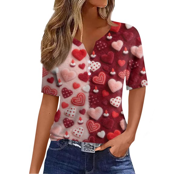 ASDFVBKG Women Valentine's Day Fashion Blouses V-Neck Shirts Work Short-Sleeve T-Shirt Fashion Spring Heart Graphic Shirt Red L
